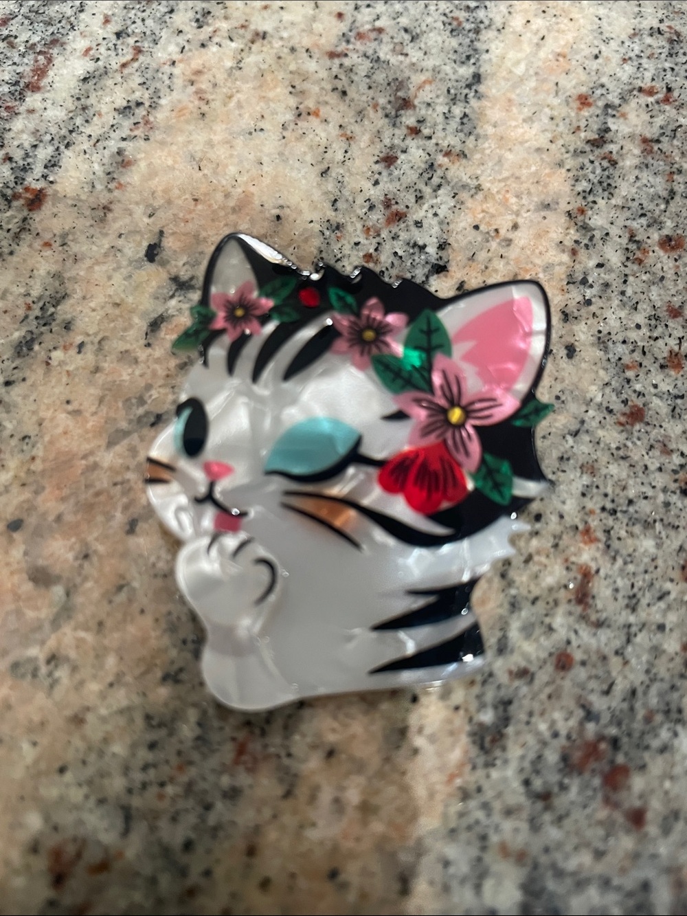 Floral Crown Cat Enamel Brooch/Pin - White & Pink